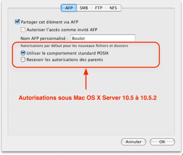 page de coonfiguration AFP sous Mac OS X Leopard 10.5.2