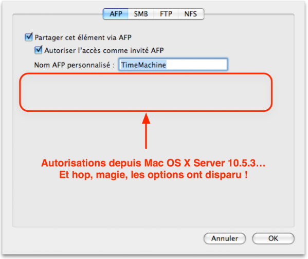 page de coonfiguration AFP sous Mac OS X Leopard 10.5.3
